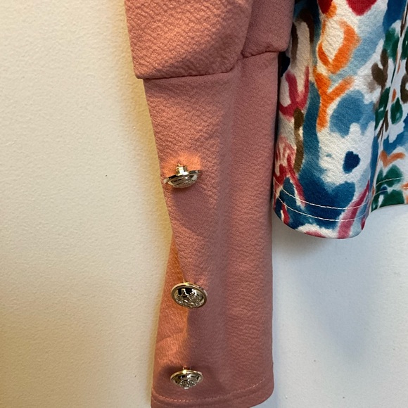 🐝 IZURIA Pink & Blue Floral Button-Accent Long Puff-Sleeve Top NWOT Size M - Picture 4 of 7